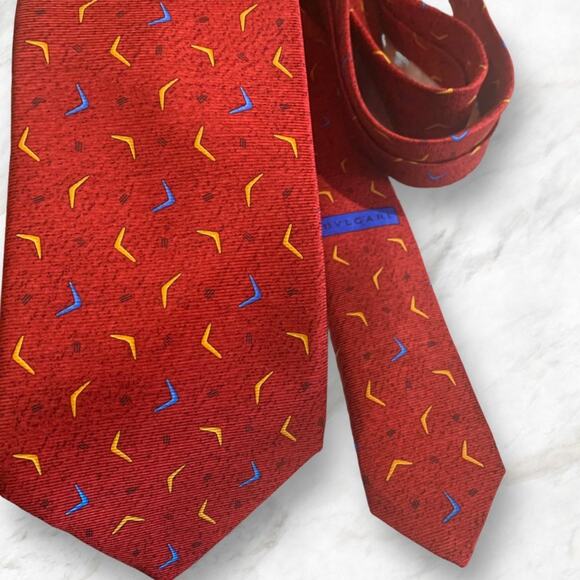 BVLGARI Sevenfold Silk XL Necktie ITALY Luxury Designer BOOMERANG Red PERFECT - Picture 3 of 8